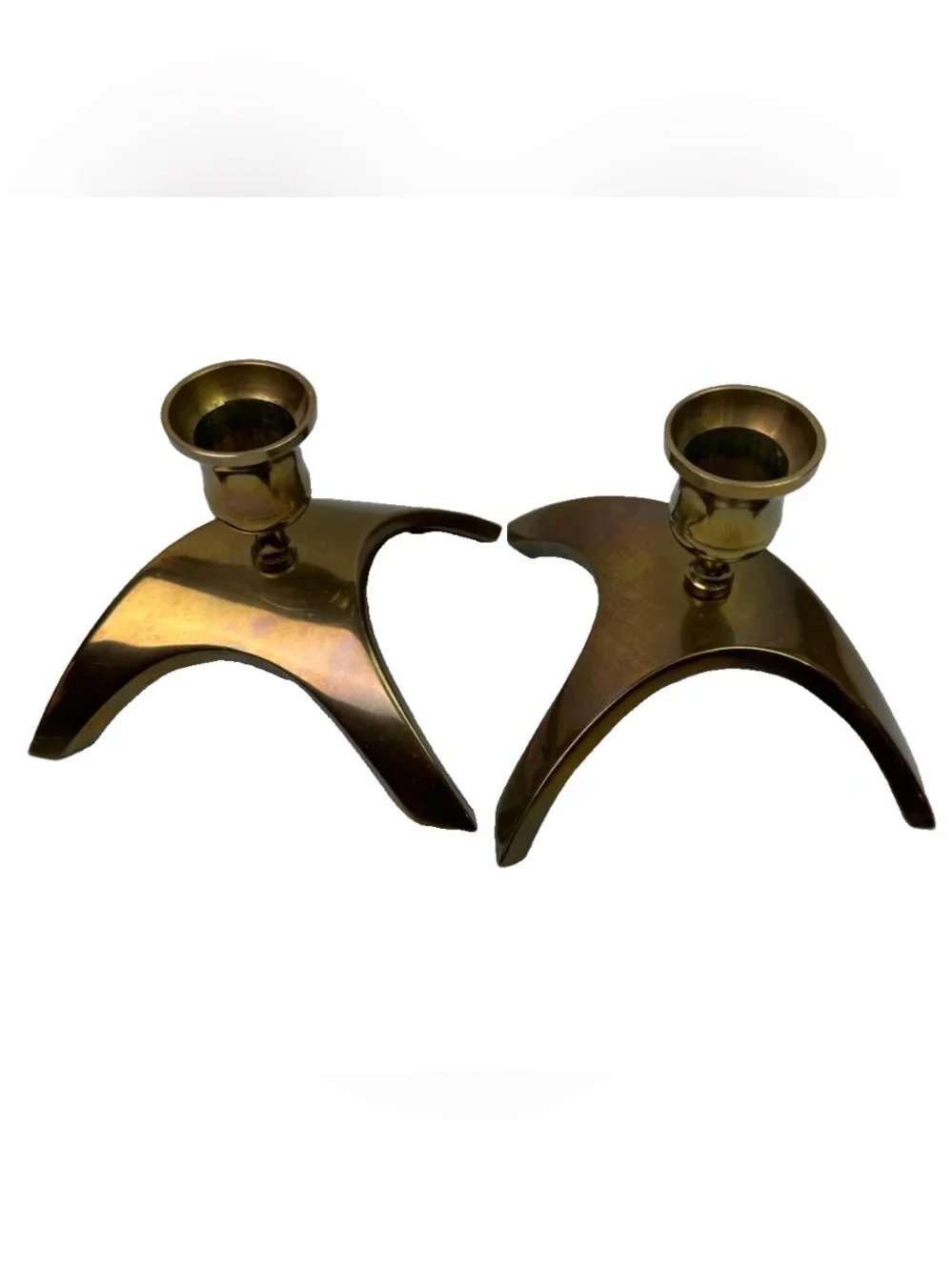VTG Mid Century Modern Brass Candle Holders Boomerang Tripod Wishbone Taper Pair